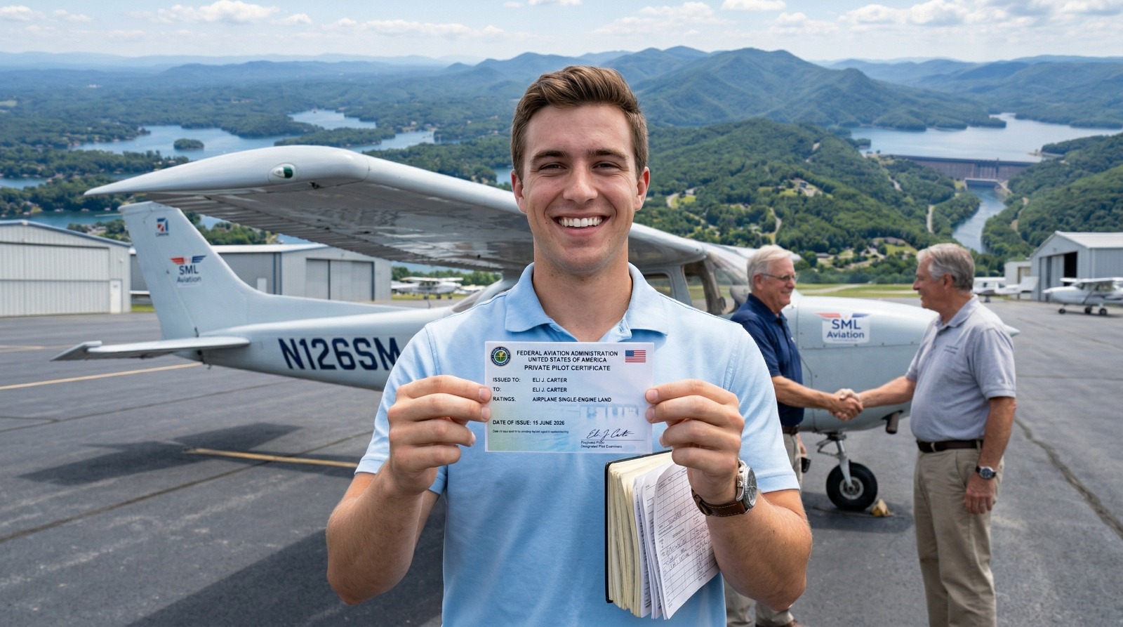 Student Pilot holds his private pilot license overlooking Smith Mountain Lake, Virginia